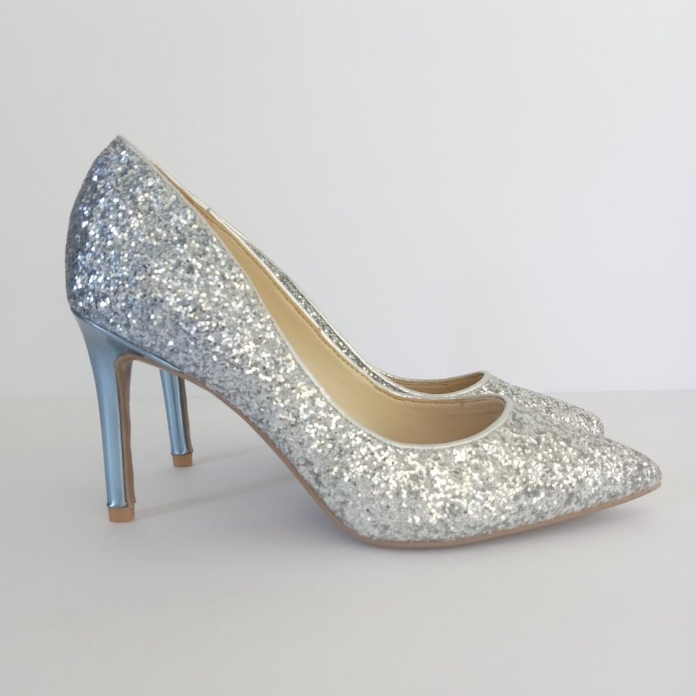 NINE WEST Womens Silver Blue Sparkle Glitter Heels Shoes Pumps Size 7M